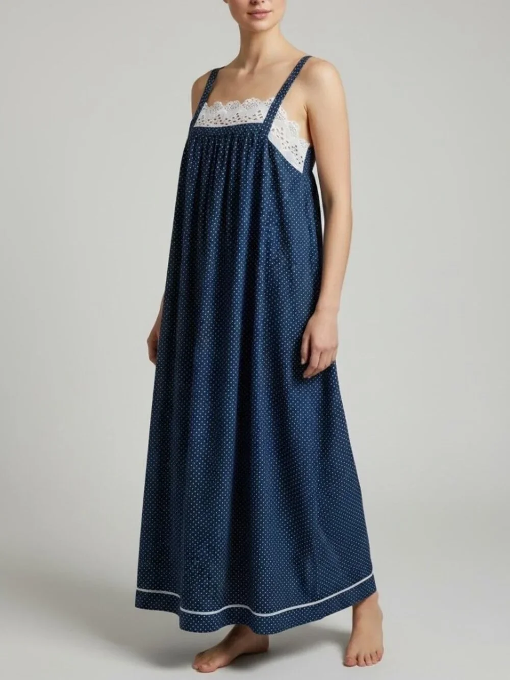 Vintage JCPenney Blue Polka Dot Nightgown USA Made Lace Trim Cottagecore Size S